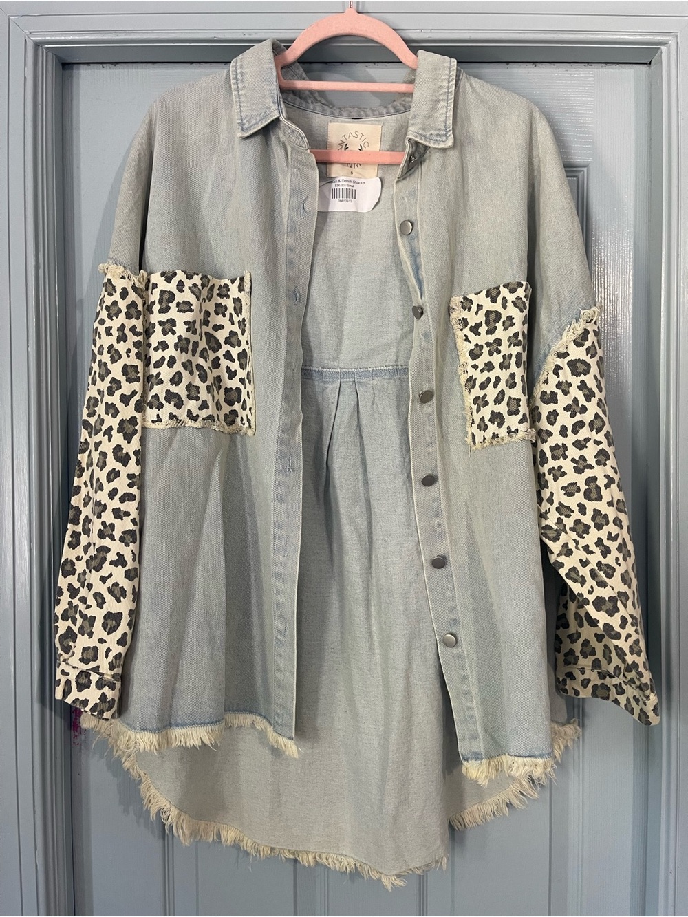 Fantastic Fawn Light Wash Denim Jacket with Leopard Print Panels